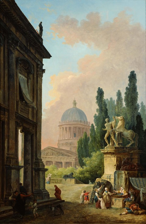 View of Rome with the Horse Tamer of the Monte Cavallo a Hubert Robert