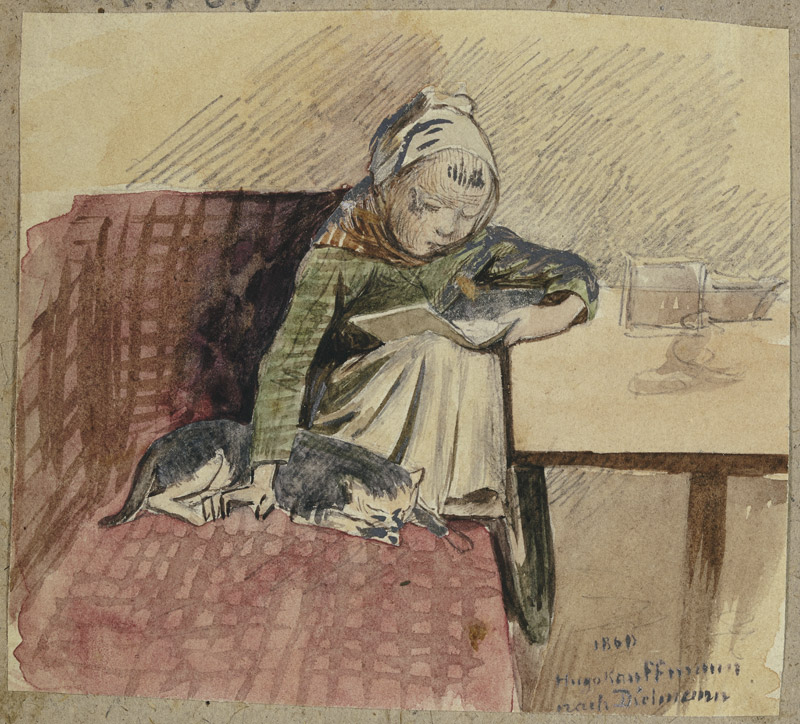 Lesendes Kind mit Katze auf der Bank a Hugo Kauffmann
