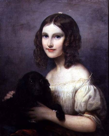 Portrait of a young girl with her pet dog a Hugues Merle