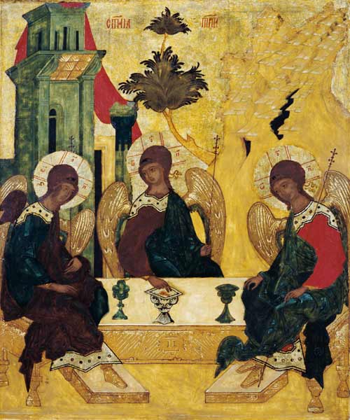 The St. three agreement in the form of the three juvenile angels in the house of Abraham. a Icona (russa)