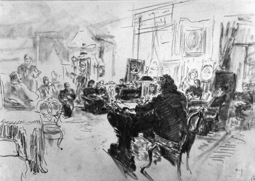 Wladimir Solowjow beim Vorlesen im Salon der Baronesse Barbara Uexkull von Hildenbandt a Ilja Efimowitsch Repin