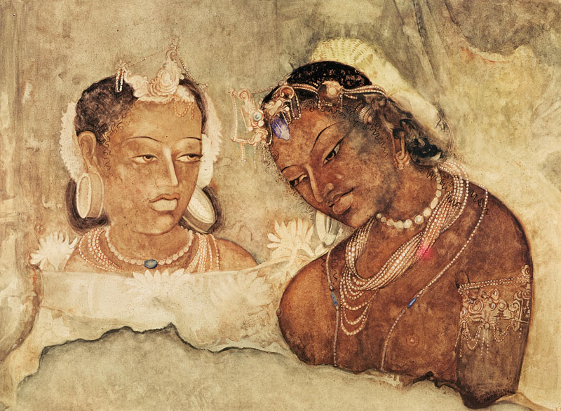 A Princess and her Servant, copy of a fresco from the Ajanta Caves, India a Scuola indiana
