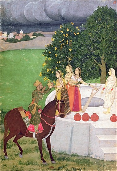 A Prince begging water from women at a well, Mughal, c.1720 a Scuola indiana