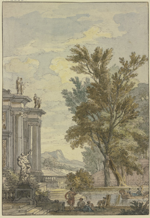 Parkansicht, links ein Gebäude mit Säulen und Statuen, davor ein Bassin, auf welchem eine Gondel fäh a Isaac de Moucheron