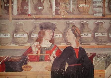 Interior of a Pharmacy, detail of the shopkeeper weighing produce a Scuola pittorica italiana