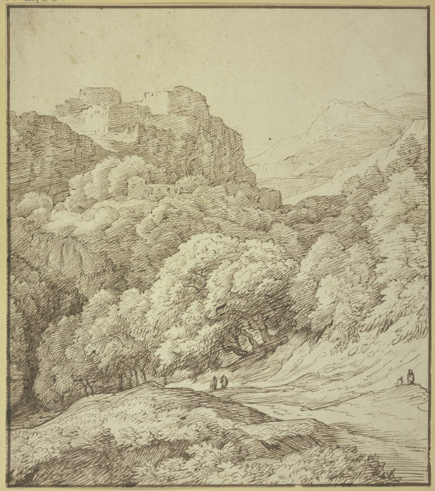 Links auf hohen Felsen ein Schloß, unten ein Weg unter Baumgruppen weggehend mit zwei Figuren a Jacob Isaacsz. van Swanenburg