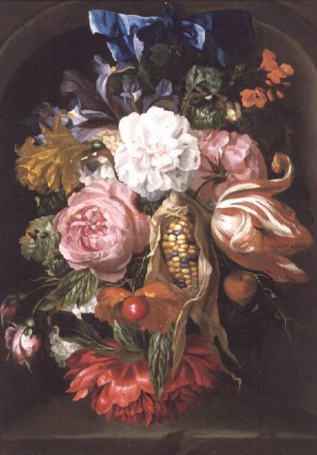 Still Life with a Swag of Fruit and Flowers hanging in a Niche a Jacob Rootius
