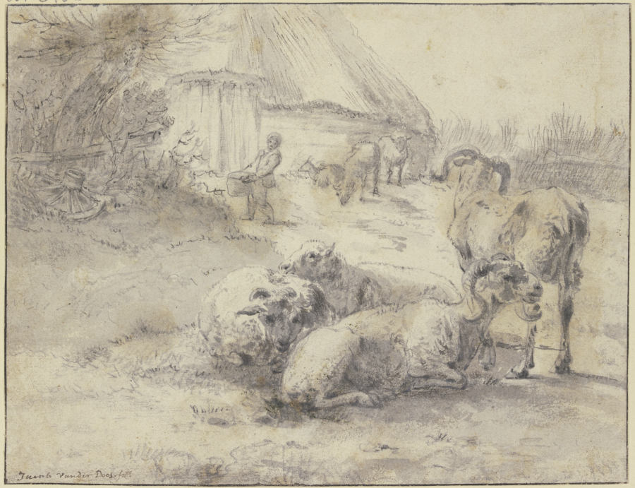 Gruppe von vier Schafen, im Hintergrund eine Hütte, dabei ein Mann, der einen Zuber trägt a Jacob van der Does d. Ä.