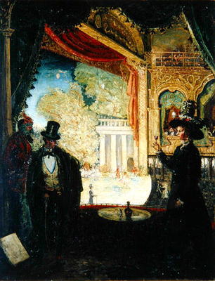A Scene in a Theatre: A Performance Seen from a Box in which Three figures are Standing, 1908 (oil o a James Dickson Innes