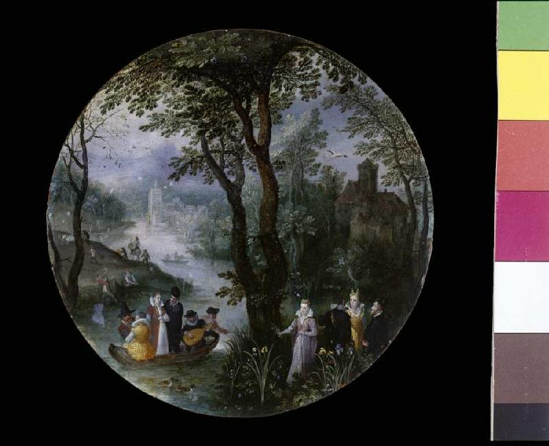 Flusslandschaft mit vornehmer Gesellschaft im Boot (Allegorie des Frühlings) a Jan Brueghel il Vecchio