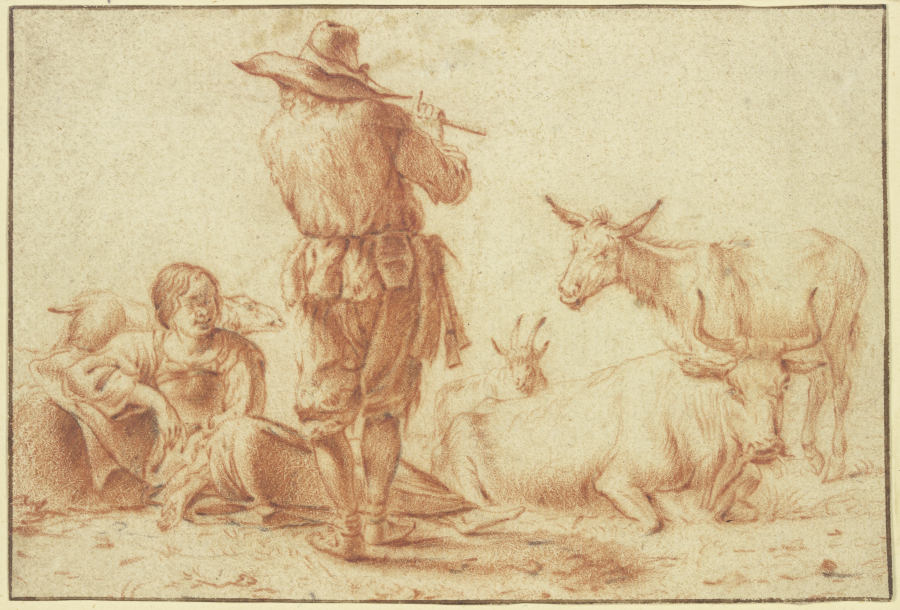Ein Hirte in Rückenansicht bläst die Flöte, eine Hirtin sitzt dabei mit einigem Vieh a Jan Frans Soolmaker