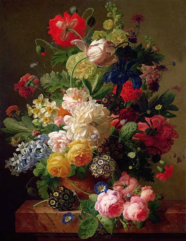 Flowers in a vase on a marble console ta - Jan Frans van Dael come stampa  d\'arte o dipinto.