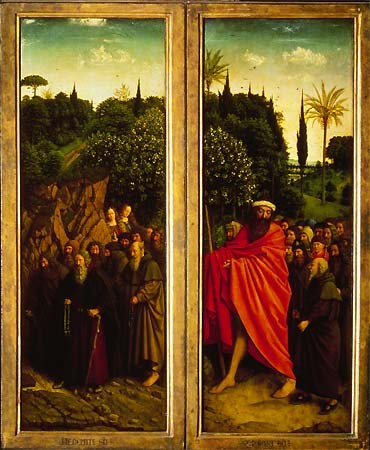 Genter altar -- Eremiten (on the right) and Christophorus with the pilgrims (on the left) a Jan van Eyck
