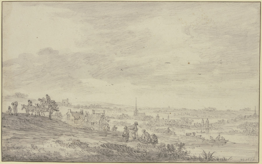 Blick über eine weite Landschaft mit Kirchturm a Jan van Goyen