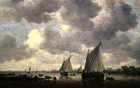 A Canal in Holland, or Two Large Sailing Ships and Cattle Near a River a Jan van Goyen