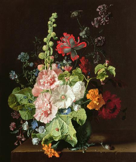 Hollyhocks and Other Flowers in a Vase