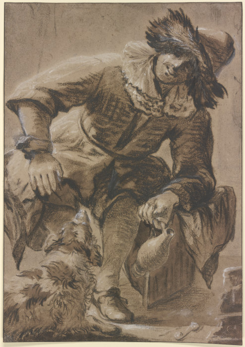 Sitzender Mann mit Pelzmütze und Weinkrug, dabei ein Hund a Johannes Vermeer 