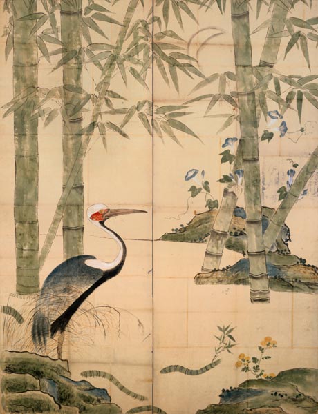 Pine and Bamboo and Cranes (w/c on panel) a Japanese School