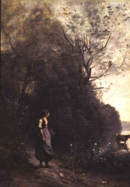 A Peasant Woman Grazing a Cow at the Edge of a Forest a Jean-Babtiste-Camille Corot