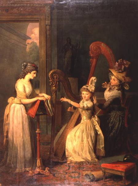 Harp lesson given by Madame de Genlis to Mademoiselle d'Orleans with Mademoiselle Pamela Turning the a Jean Baptiste Mauzaisse