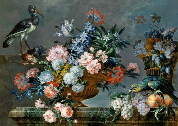 A Still Life of Fruit and Flowers with Birds a Jean Baptiste Monnoyer