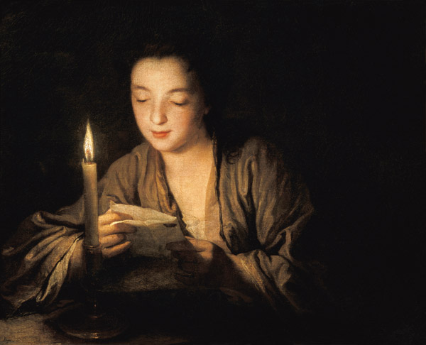 Giovane donna che legge una lettera alla luce della candela a Jean Baptiste Santerre