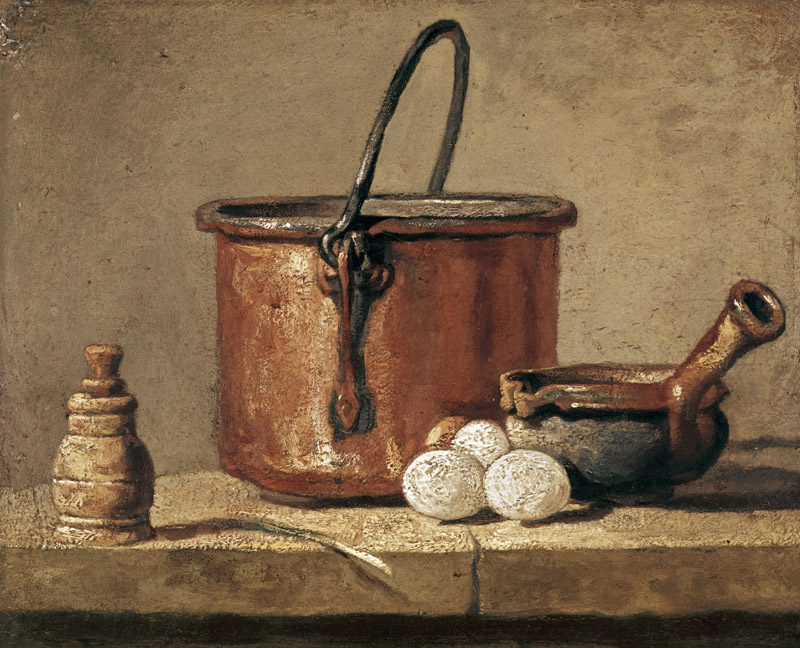 Still life with a pan, pepper pot, leek and three eggs a Jean-Baptiste Siméon Chardin