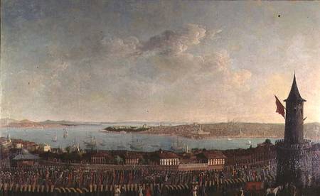 View of Constantinople with a procession of janissaries passing the Galata Tower a Jean Baptiste Vanmour