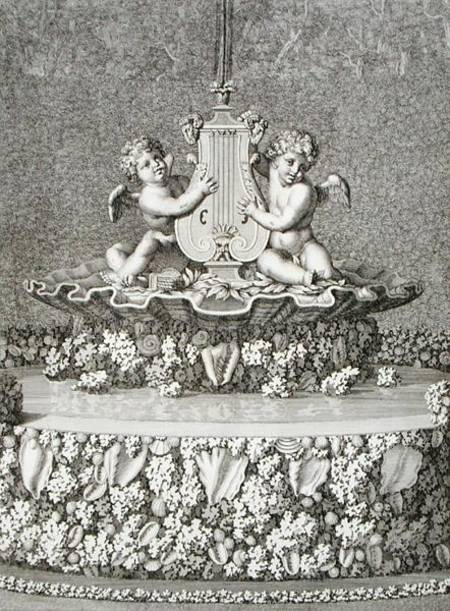 Two Cupids holding a lyre, a fountain at Versailles, 1677, from 'Les Plans, Profils et Elevations de a Jean Lepautre