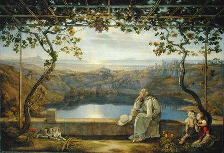 Monk sitting on a Terrace overlooking Lake Nemisee a Joachim Faber