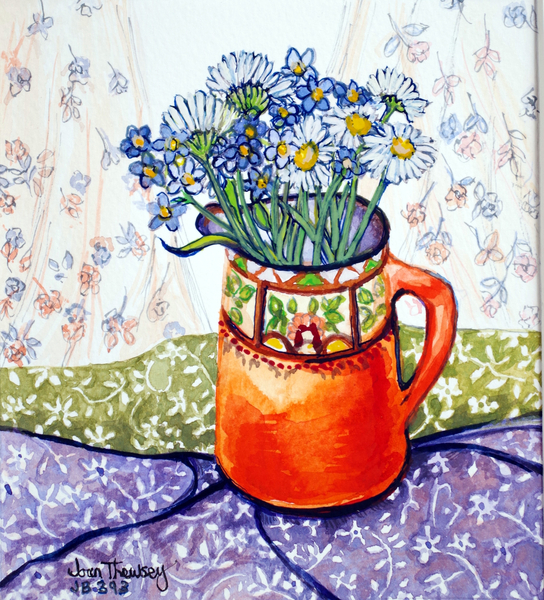 Daisies and Forget-Me-Nots Orange Jug and Patterned Fabric a Joan  Thewsey
