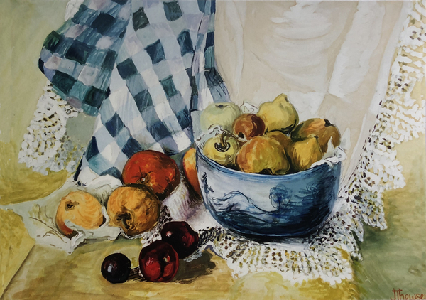 Still life with a Blue Bowl, Apples, Pears, Textiles and Lace a Joan  Thewsey
