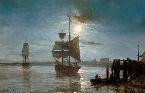 Sailing ship at full moon. a Johan Barthold Jongkind