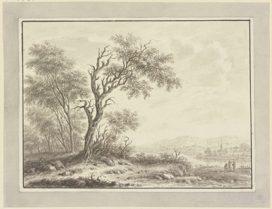 Baumgruppe an einem Flußufer, im Hintergrund ein Dorf a Johann Caspar Zehender