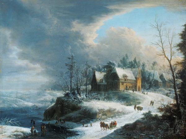 Paesaggio invernale con un villaggio su un fiume ghiacciato