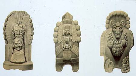 Three terracotta figures from Palenque and Ococingo, plate 47 from 'Ancient Monuments of Mexico', en a Johann Friedrich Maximilian von Waldeck