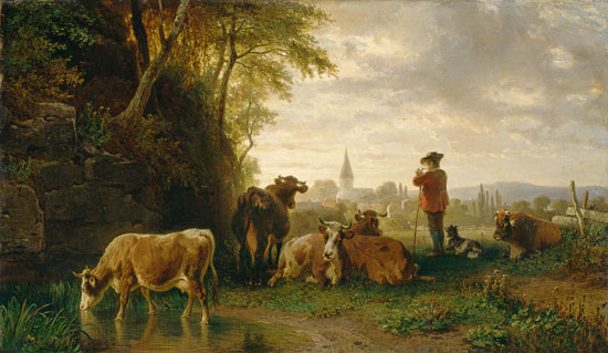 Mandriano e mucche,vicino a un villaggio a Johann Friedrich Voltz