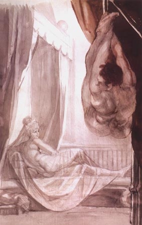 Brunhilde watches Gunther hung up on the blanket tied up by her a Johann Heinrich Füssli