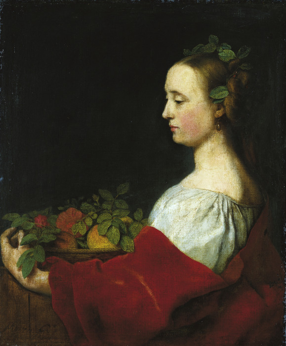 Woman Holding a Basket of Fruit a Johann Ulrich Mayr