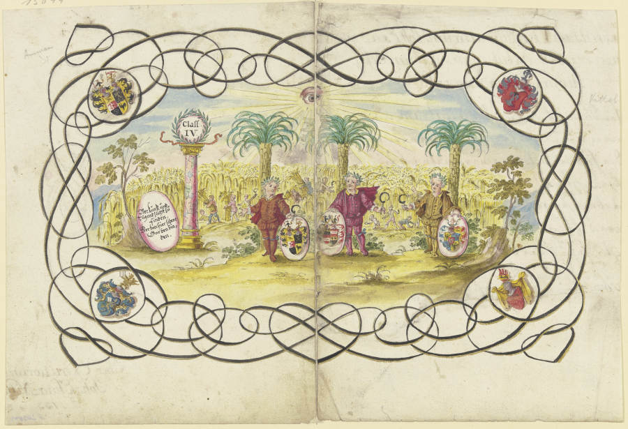 Drei Knaben, ein Wappen haltend, stehen unter Palmen vor einem Kornfeld, das abgeerntet wird a Johannes Esaias Nilson