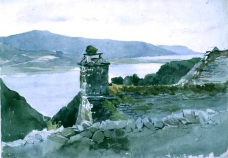 A hilly bay, seen from a wall over a roof a John Absolon