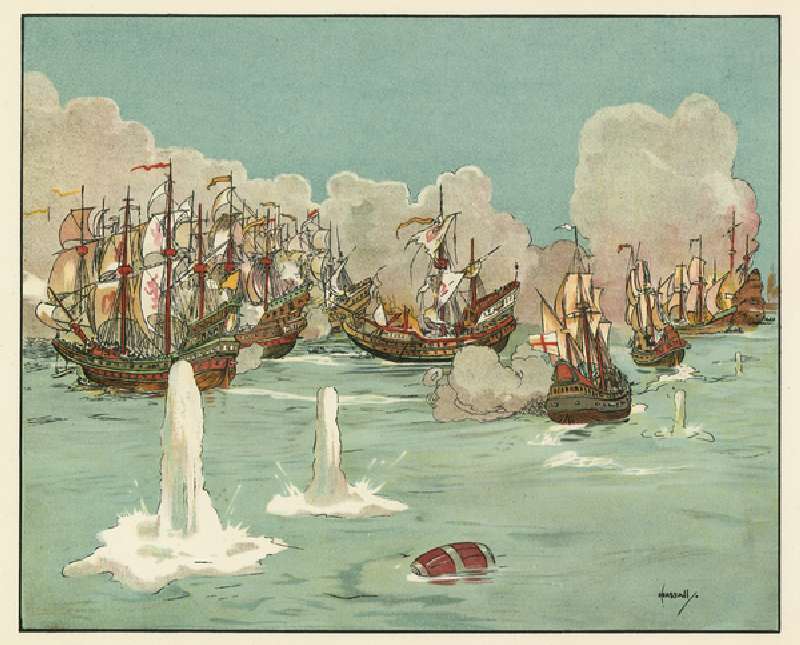 The first days fighting with the invincible Armada (colour litho) a John Hassall