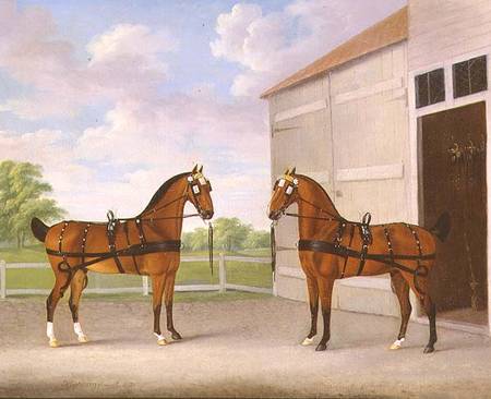 A Pair of Bay Carriage Horses in a Stable Yard a John Nost Sartorius