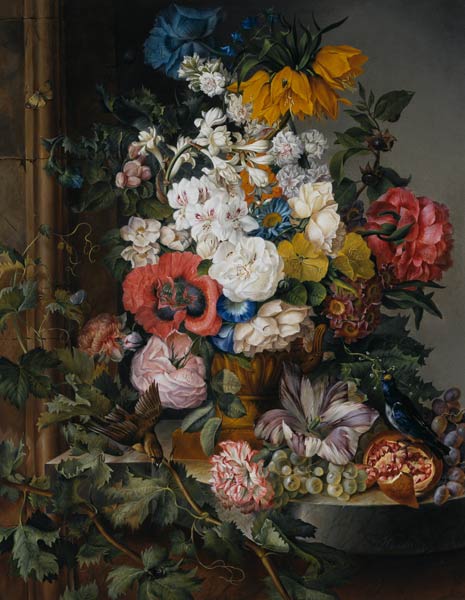 Great flower painting with fruits, birds and insects a Josef Schuster