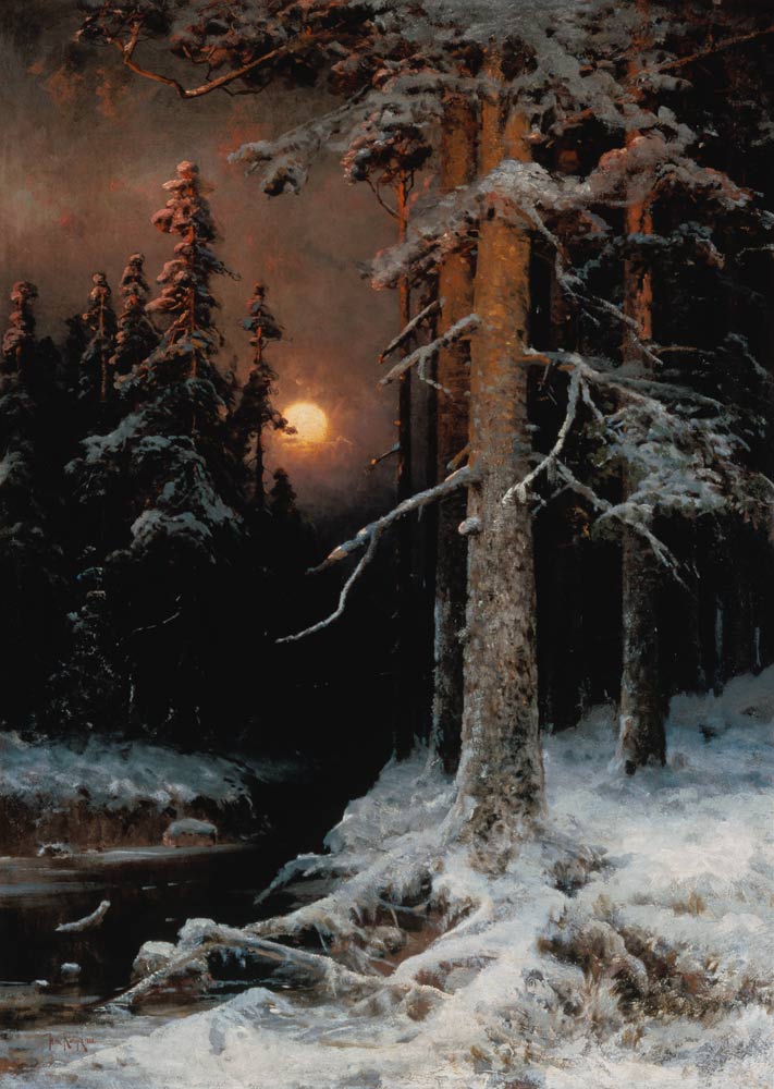 Paesaggio boscoso in inverno con la luna a Julius Sergius von Klever