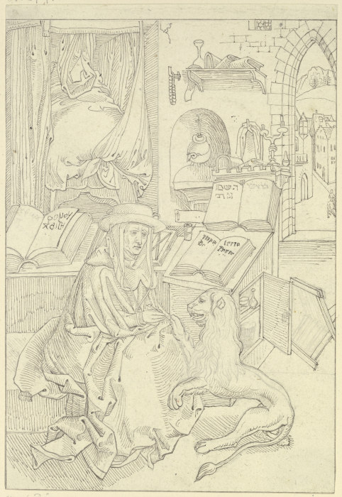 Der Heilige Hieronymus in seiner Zelle, seinem Attributtier den Dorn aus der Tatze ziehend a Karl Ballenberger
