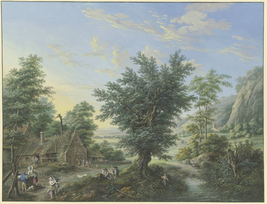 Reiche Landschaft mit Bäumen, Wiesen und Dörfern, vorne links eine Hütte mit Ziehbrunnen und vielen  a Karl Franz Kraul