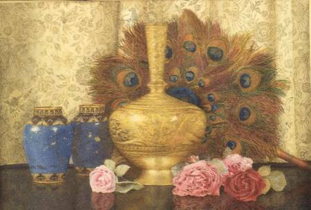 Eastern Presents: Cloisonne Vase, Peacock Feathers, Damask Roses and Indian Vase a Kate Hayllar