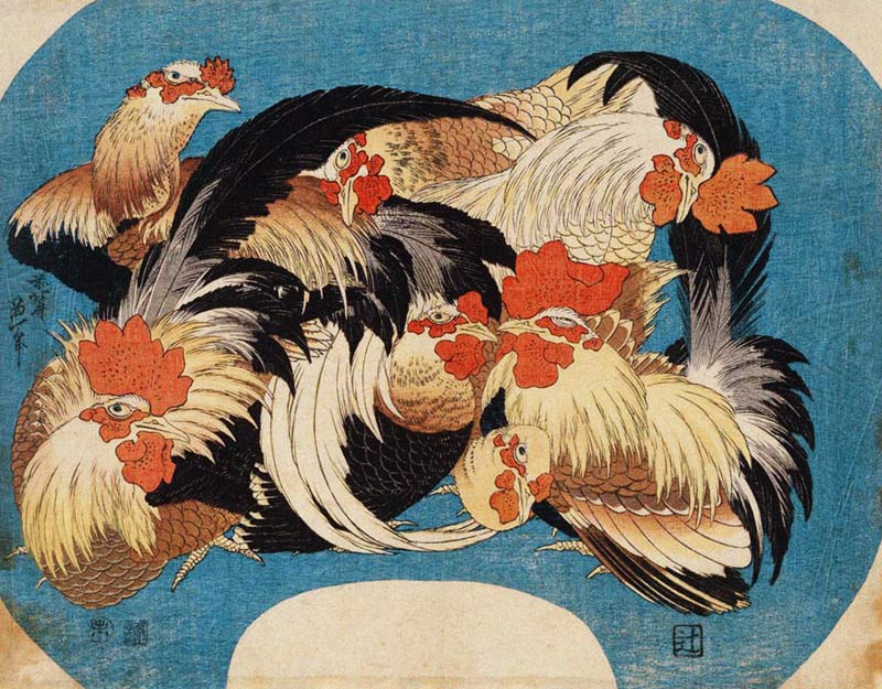 Flock of Chickens a Katsushika Hokusai