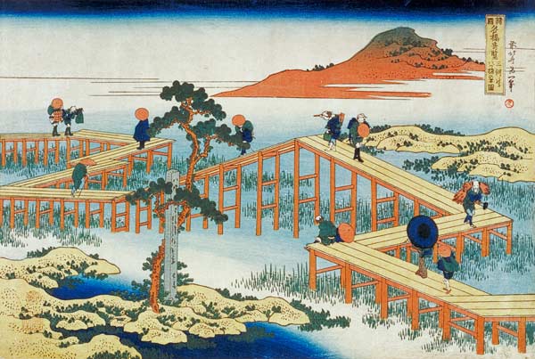 Eight part bridge, province of Mucawa, Japan, c.1830 (wood block print) a Katsushika Hokusai